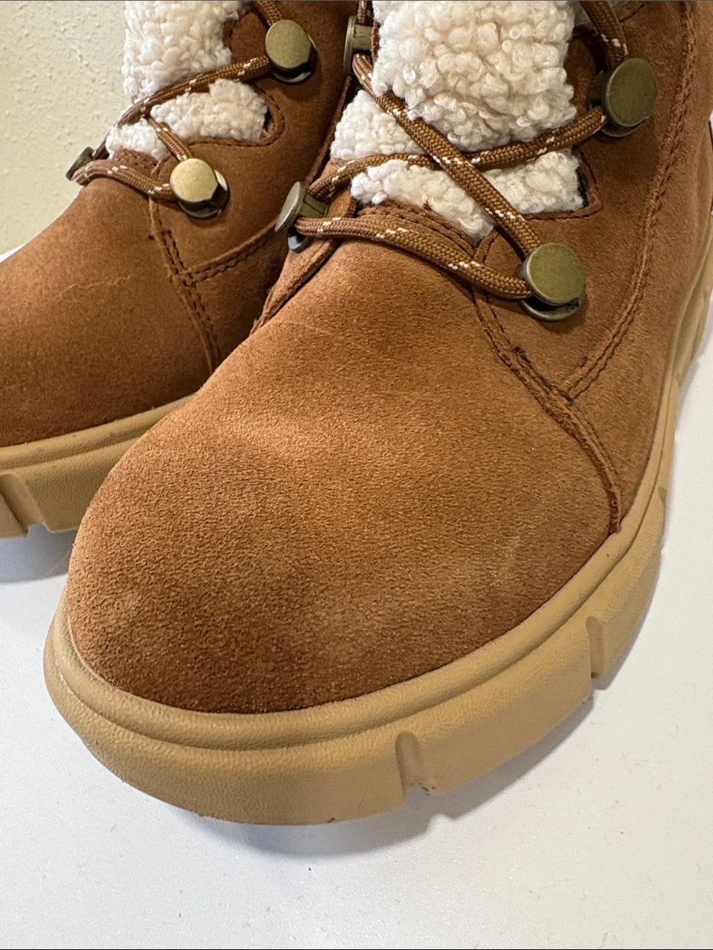 Sorel Explorer III Joan Cozy Shearling-Lace Winter Boots in Brown